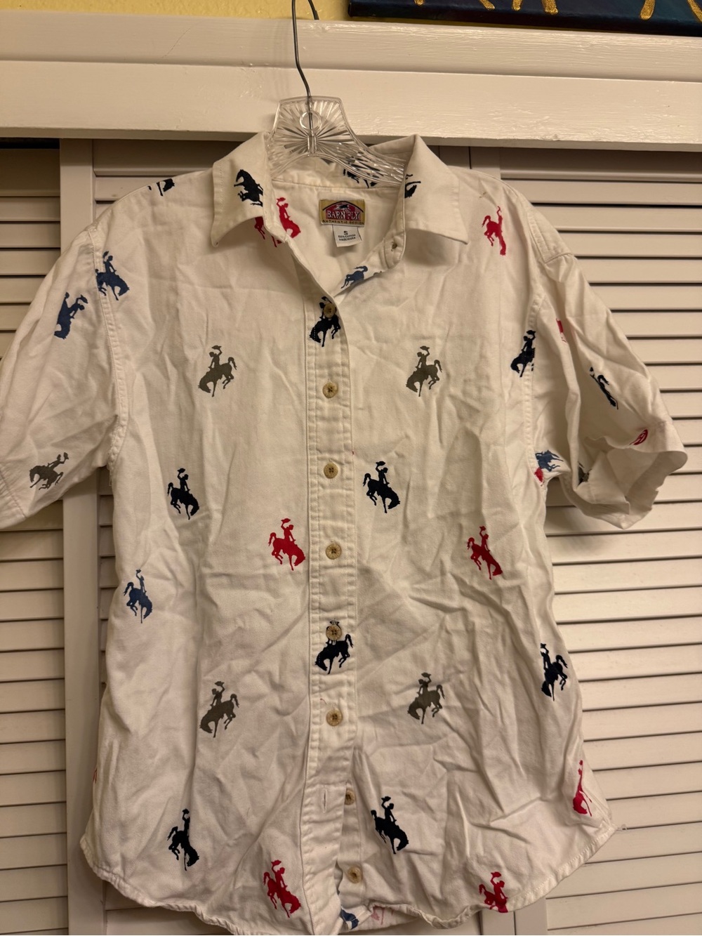 Barnfly Menβs S White Short-Sleeve Button-Down Shirt with Polo Rider Embroidery
